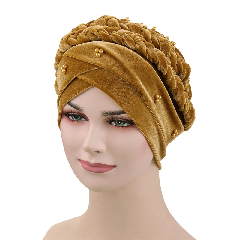 velvet beads head hijab caps turban indian hair bands for women muslim headbands headscarf hats braid Bandanas girls - Цвет: gold