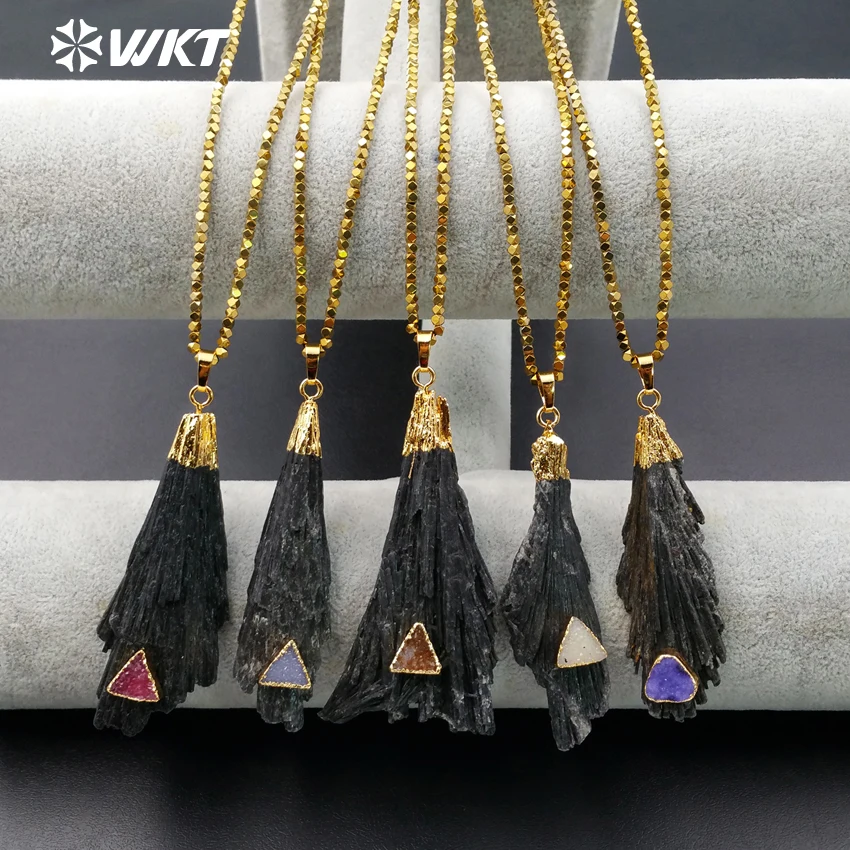 WT-N931 Wholesale Custom Raw Black Kyanite With Druzy Stone Pendants Necklace Full Gold Electroplated Bead Chain For Jewelry | Украшения и