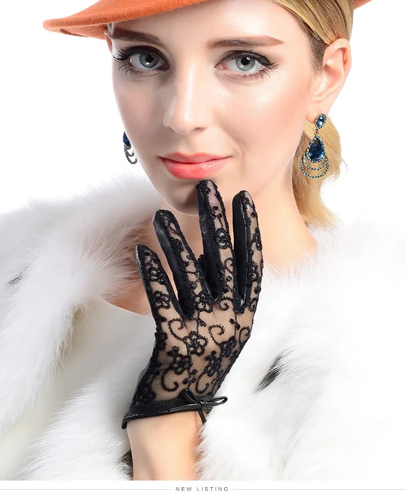 Горячая Распродажа, женские кружевные перчатки из натуральной кожи, без подкладки, наппа, овчина, на запястье, солнцезащитные перчатки