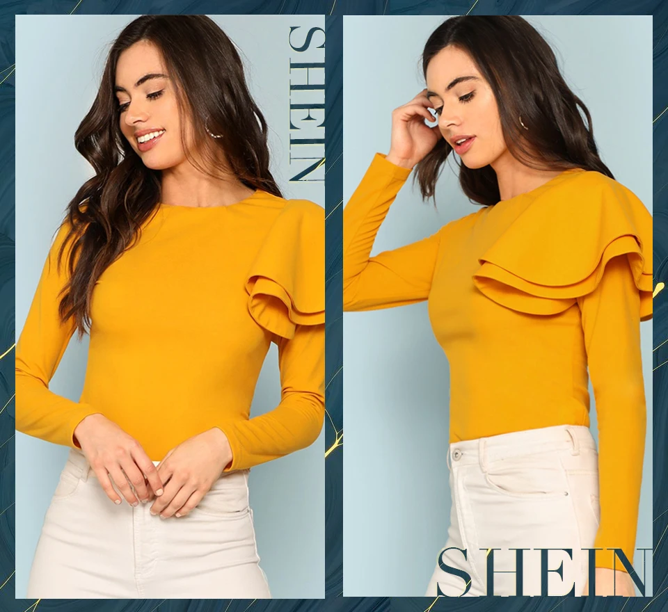 SHEIN элегантная однотонная облегающая футболка с длинным рукавом на молнии сзади и рюшами, Топ для женщин, современная Женская Осенняя футболка