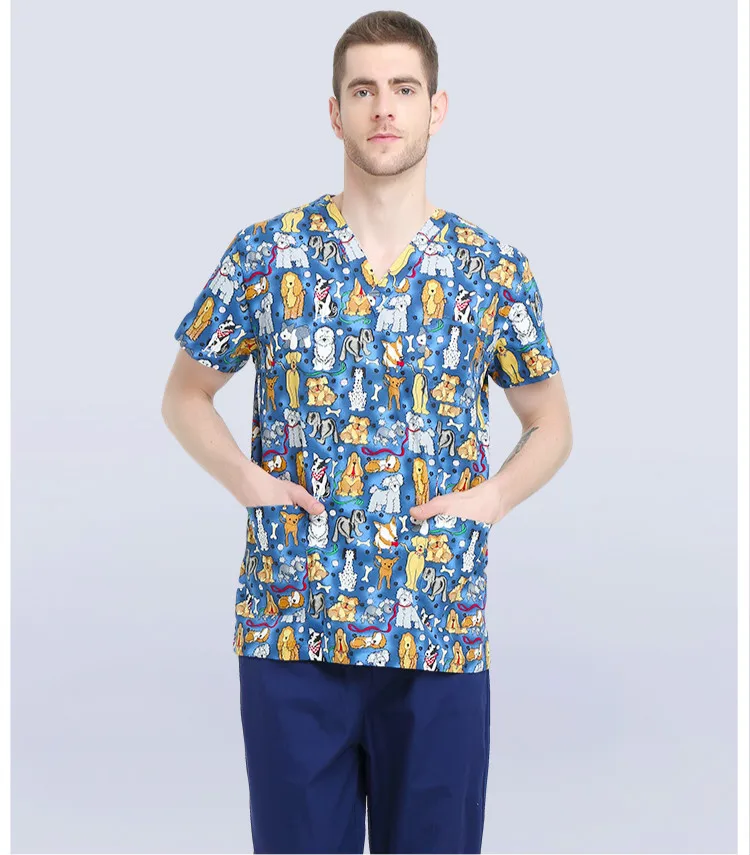 Униформа медсестры Для женщин Для мужчин собака печатных Медицинских Скраб Костюмы Рубашка с короткими рукавами хирургических халатов