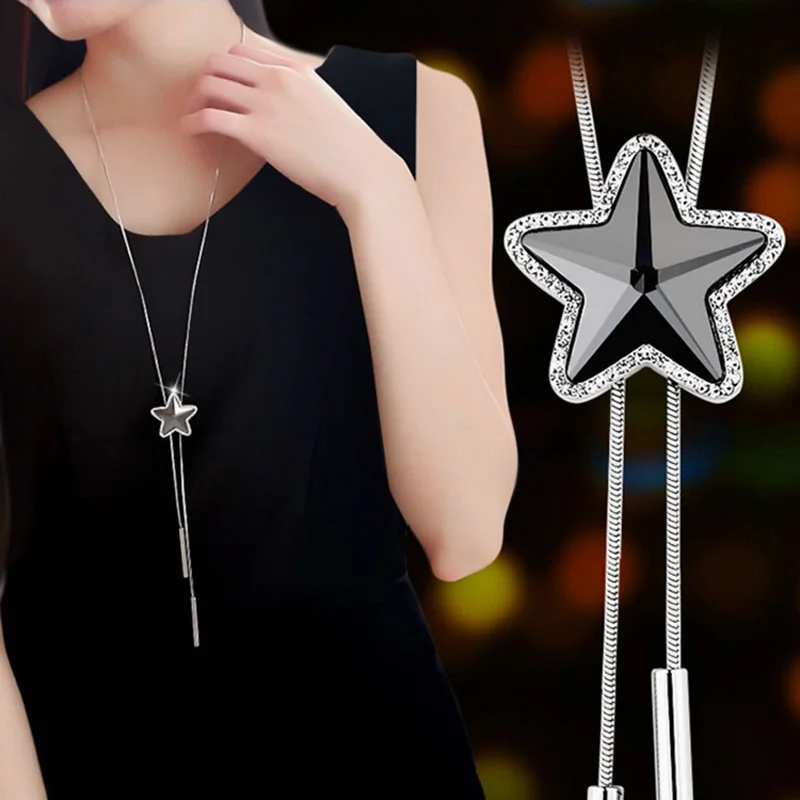 

New Korean Simple Fashion Style Silver Color Long Sweater Chain Big Black Crystal Pendant Necklace For Women Girl Jewelry Gift