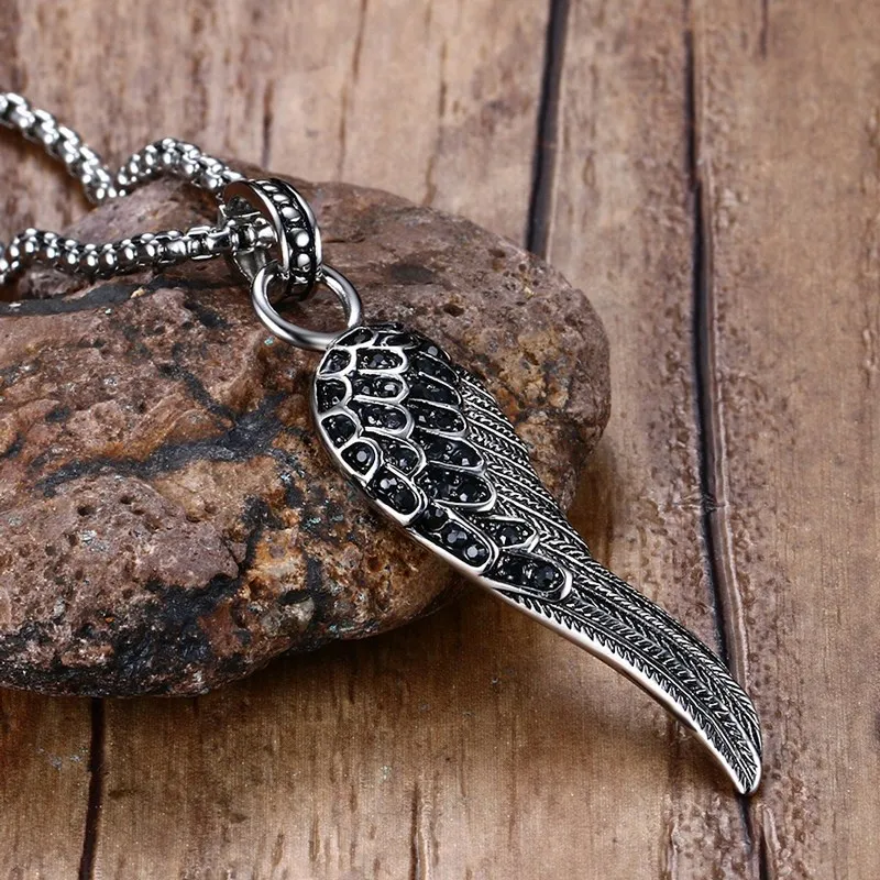 

Mprainbow Mens Necklaces Pendants Stainless Steel Angel Wing Pendant Choke Inlay Black CZ Vintage Gothic Punk Bike Men Jewelry