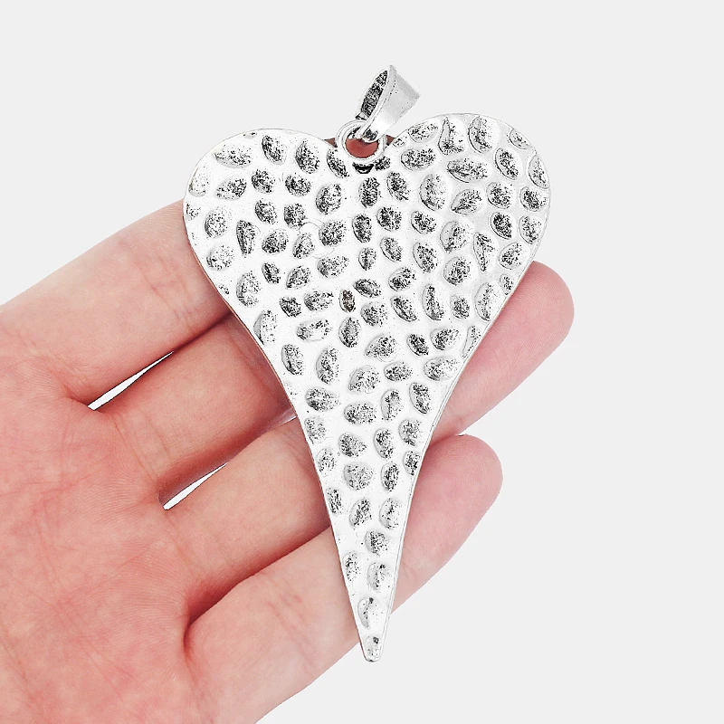 3pcs Large Antique Silver Hammered Heart Shaped Charms Pendants For