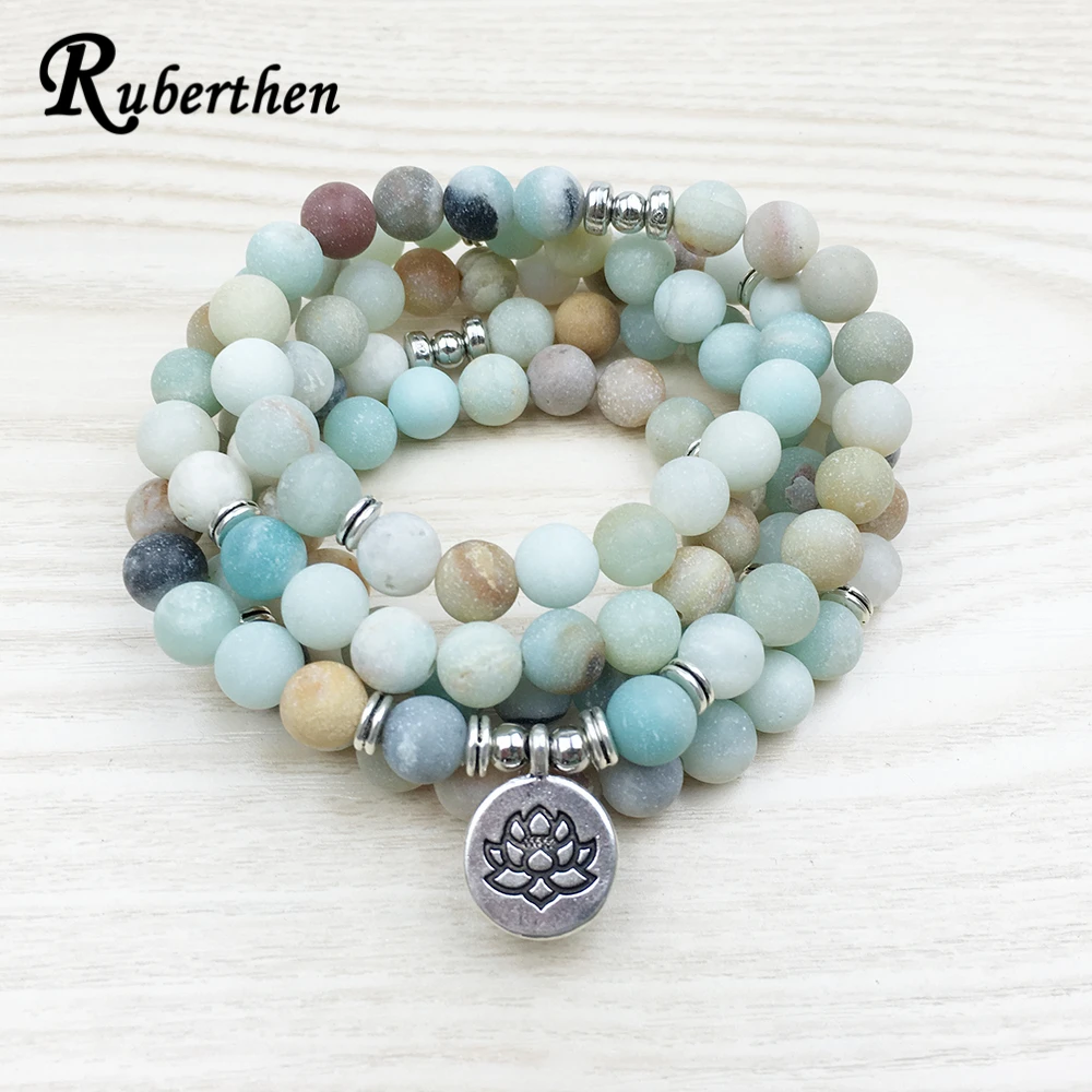Lubean Fashion Women S Matte Amazonite 108 Mala Beads Bracelet Or Necklace High Quality Lotus Charm