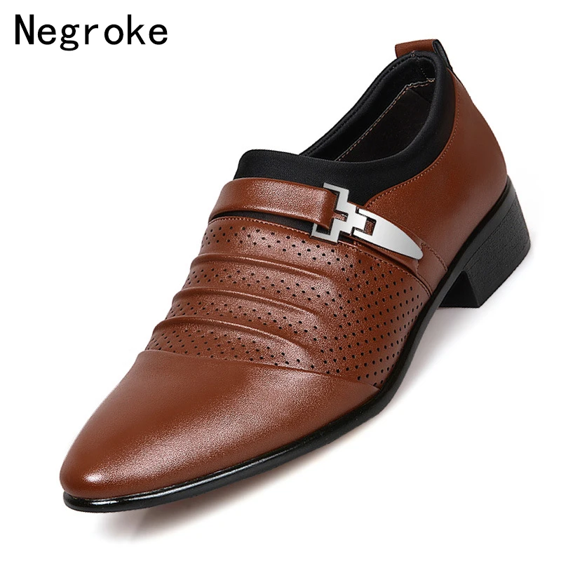 Men Formal PU Leather Shoes Business Formal Slip on Breathable Hollow Shoes