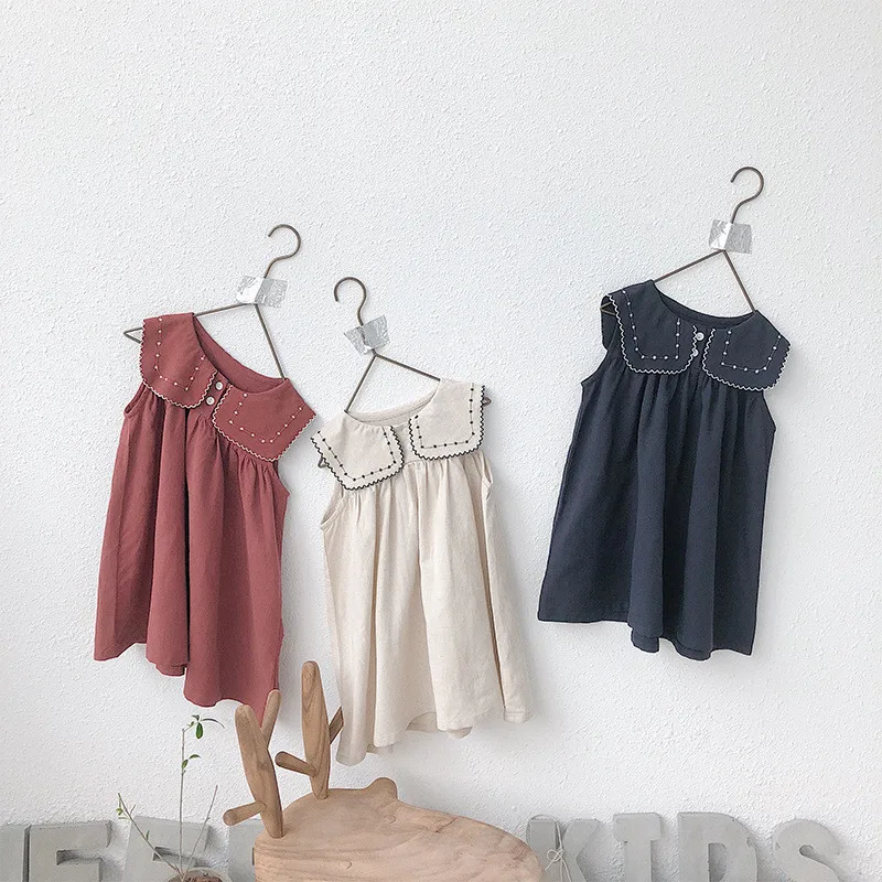 

2020 Summer new items Baby Girls Dresses Preppy Style Linen Cotton Toddlers Kids Sleeveless Dress Children Clothes