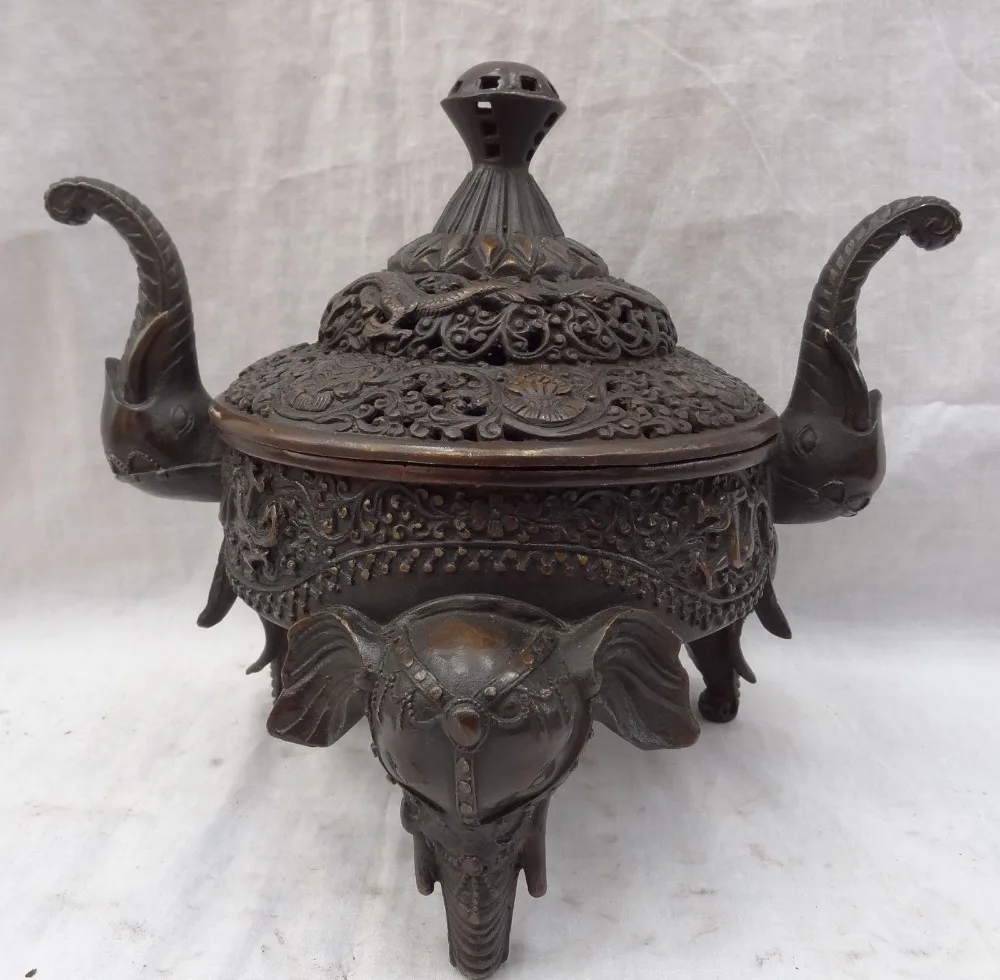 

bi001721 11"Tibet Bronze Dragon Elephant Statue Buddhism Auspicious Incense Burner Censer