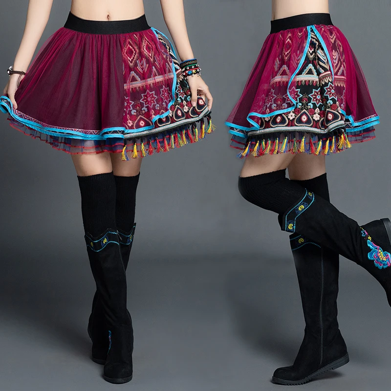 

KYQIAO faldas mujer moda 2019 ethnic skirts womens summer Mexico style ethnic boho short gauze patchwork embroidery tassel skirt