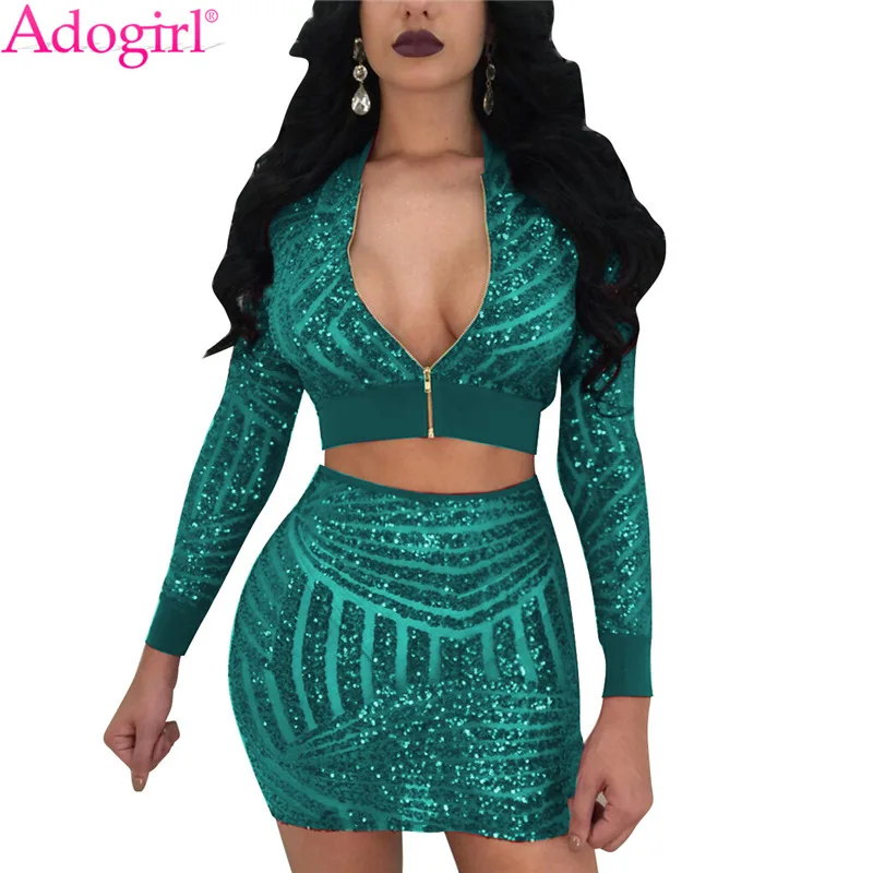 Adogirl модные блестящие женские платья из двух частей комплект на молнии