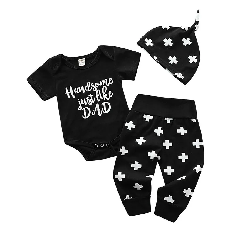 Fashion Summer Baby Boy Girl Unisex Clothes Sets Letter Print T-Shirt Bodysuit Long Pants Hat 3Pcs Cotton Outfits 0-18M | Детская одежда