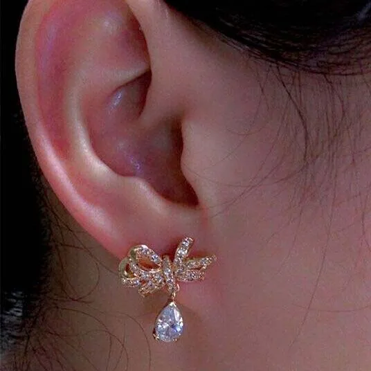 

3A Zircon Micro Pave earrings bridal wedding dress, bow zircon teardrop-shaped earrings