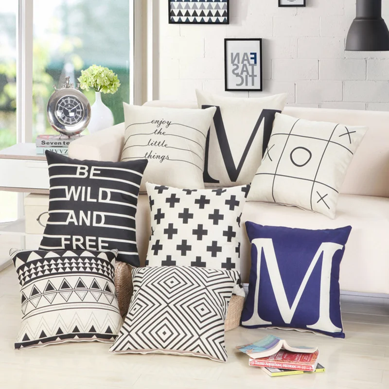

New Vintage Letter Geometry Black & White Cotton Linen Throw Pillow Case Pillowcase Mountain Peak Shaped Pillow Covers 11 Styles