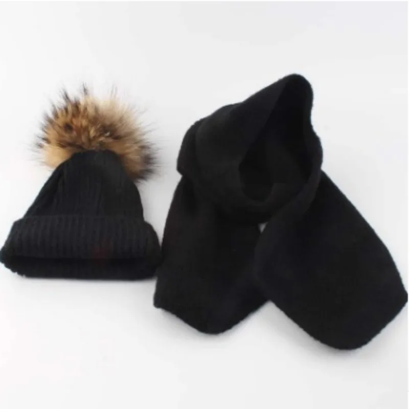 Зимняя шапка из натуральной шерсти, шарф, комплект для маленьких мальчиков, уплотненная теплая шапка с помпоном из натурального меха енота, Детская шерстяная шапка и шарф, шапки с помпоном для девочек - Цвет: Черный