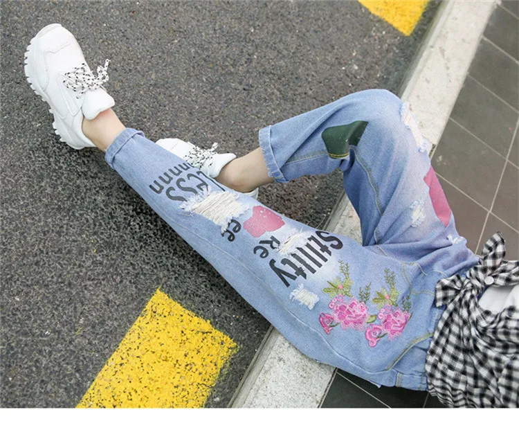 3-12 y kids girls jeans child fashion ripped jeans for girls 12 years teenage girl clothes denim pants flower embroidery trouser (3)