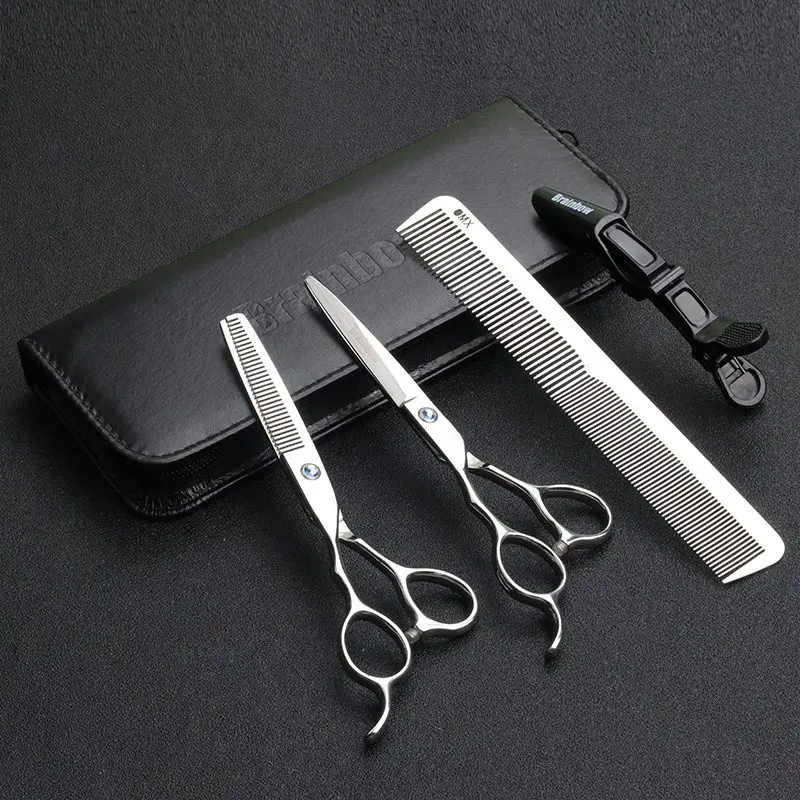 Tesoura de Cabelo Brainbow Scissors Esquerda-mão Inoxidável 9cr13 Profissional Cabeleireiro Corte Fino Barbeiro Tesouras Titânio Pente 6.0 Aço 18 High Quality Beleza e saúde