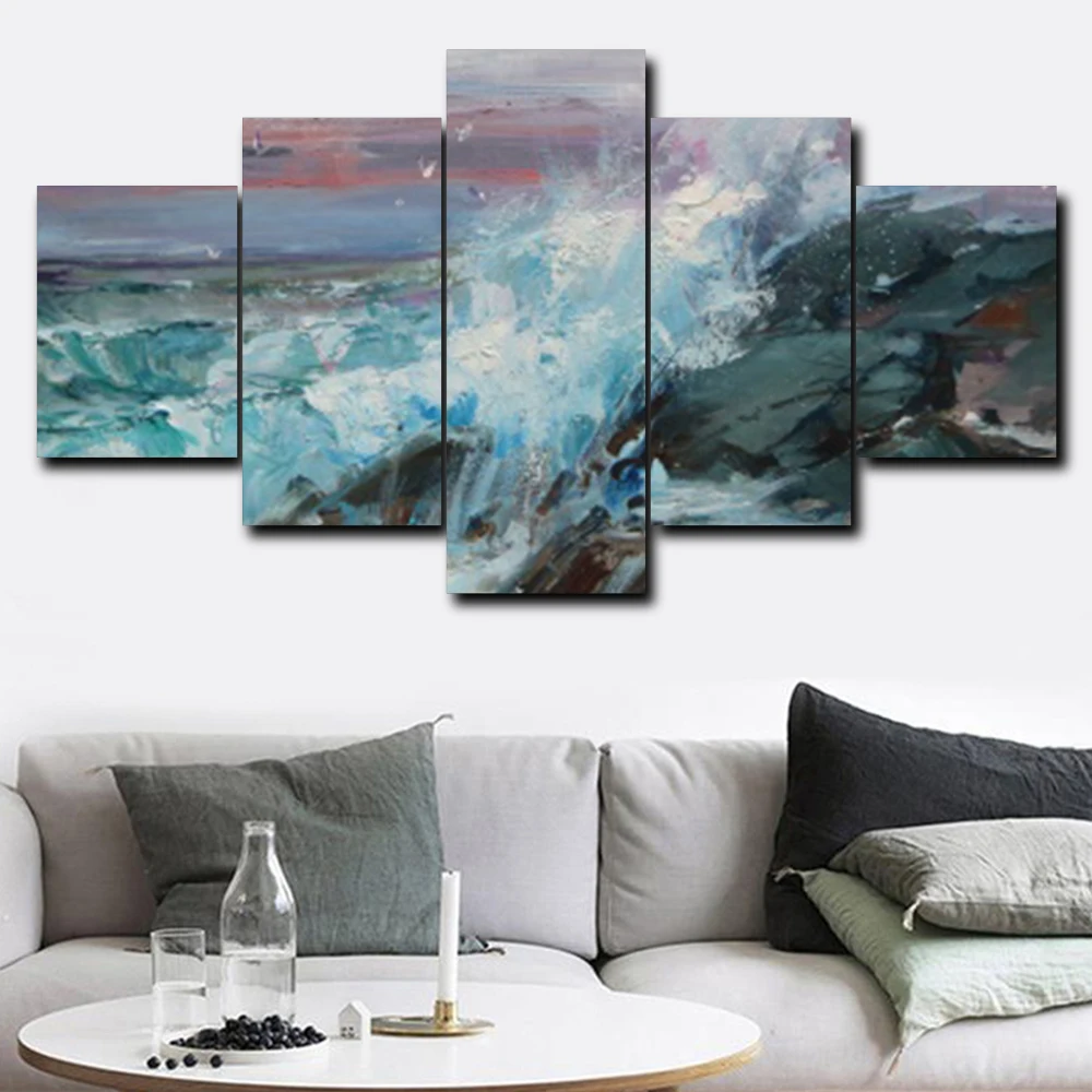 

Laeacco Canvas Painting Calligraphy 5 Panel Seaside Natural Scenery Poster Wall Artwork Pictures for Living Room Home Decoration