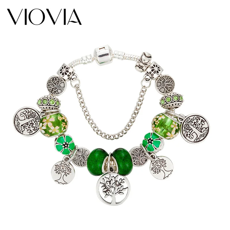

VIOVIA Dropshipping Green Tree of Life Charm Bracelet Silver Color Heart Bead Bracelets & Bangles Fashion Jewelry Gift B17098