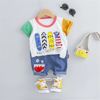 

Baby Boys Cartoon Print Colorful T-shirts+Cartoon Blue Jeans Elastic Shorts 2PCS Clothing Sets Casual Baby Boys Summer Sets