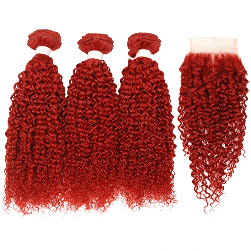 Pinshair цветные бразильские пучки волос с закрытием бордовый красный пряди кудрявых волос человеческие волосы 3 пучка с закрытием не Реми - Цвет: Красный