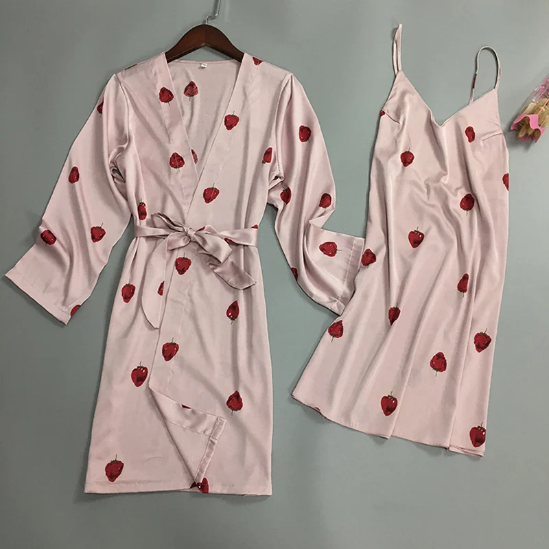 Ladies Sexy Silk Satin Robe Gown Set 2 Pieces Print Strawberry Cute