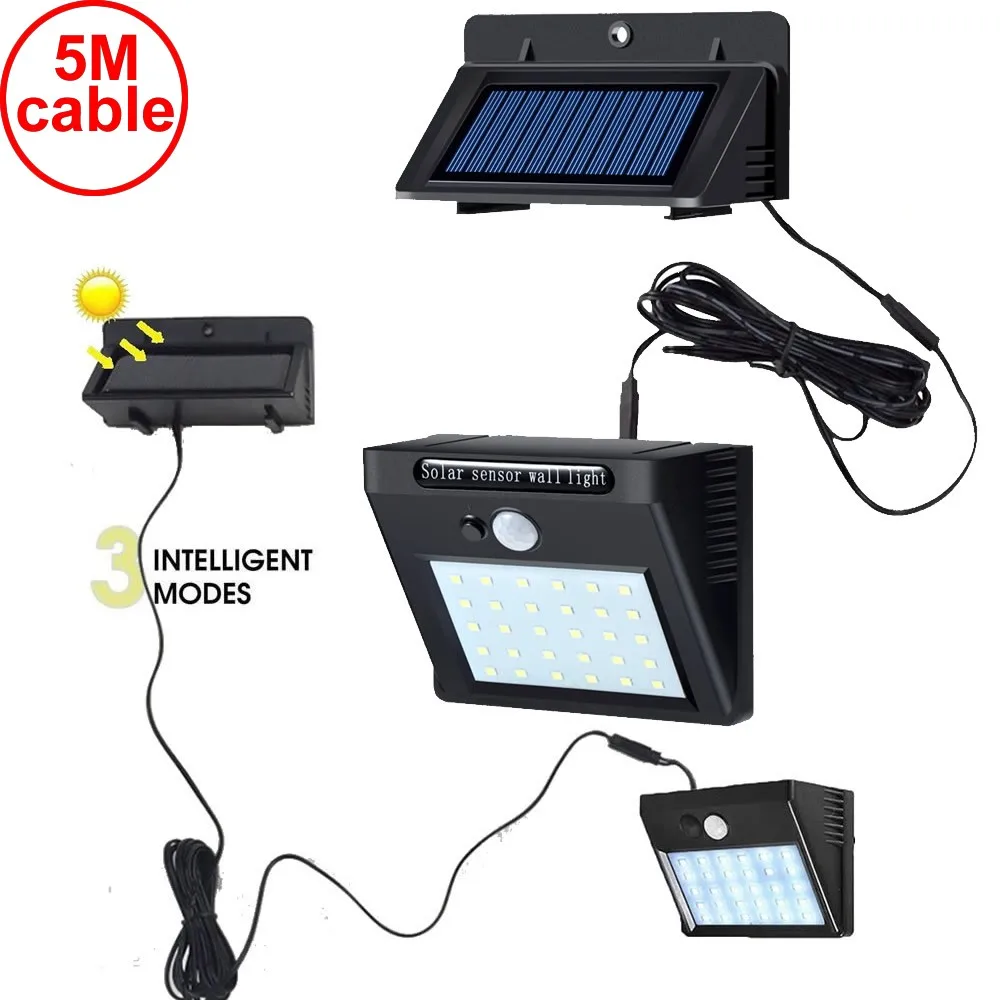 

30 led 500lm solar light split mount pIR motion 3 sensor 5M cord smart indoor wall new street wall indoor lamp bulb strings new
