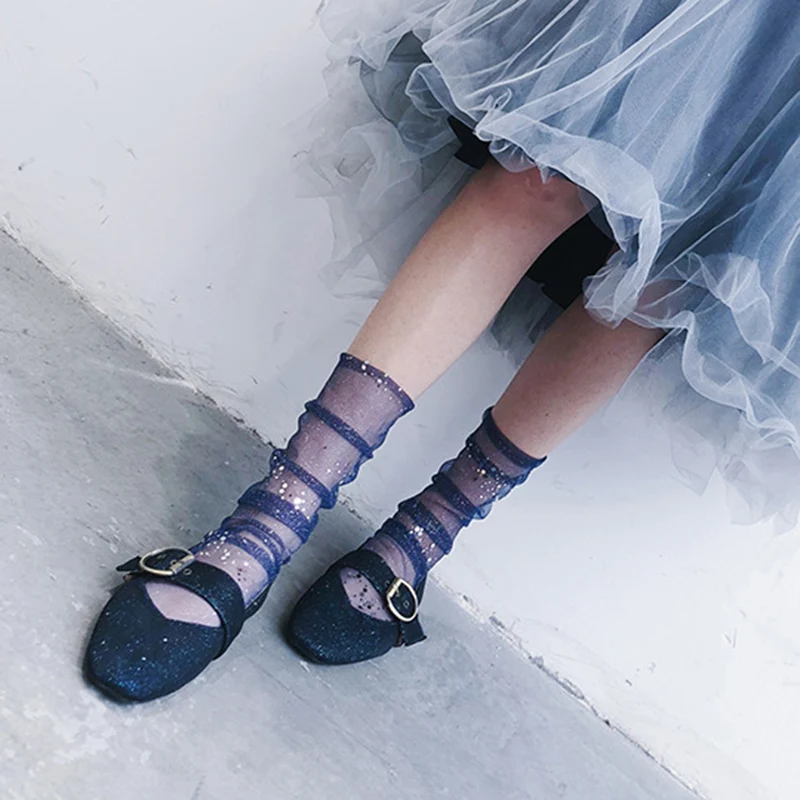 Модные цветные женские носки с блестящими звездами и луной, длинные носки до лодыжки, прозрачные носки из тюля, тонкие дышащие чулки, летние