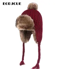 Кролика шапка с меховым помпоном женская обувь из кроличьей шерсти, шапка, сезон осень-зима плотные зимние шапки Национальный стиль вязать шапочки Шапки защитные наушники