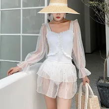 Купальник с высокой талией, цельные купальники для плавания, костюм для женщин, цельный дизайн с длинными рукавами, Корея, однотонный полиэстер