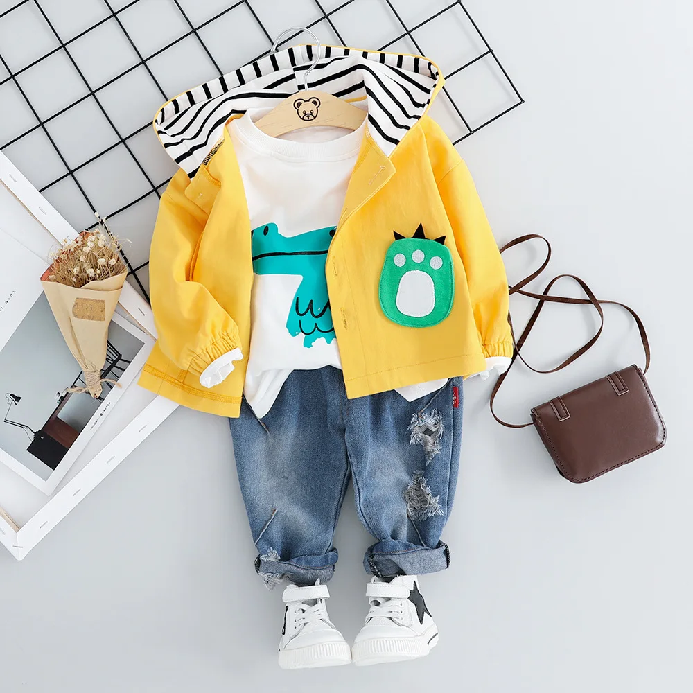 Cool boys fall dino outfits fashion hot sale jeans coat tops kids baby 3 pieces clothing set