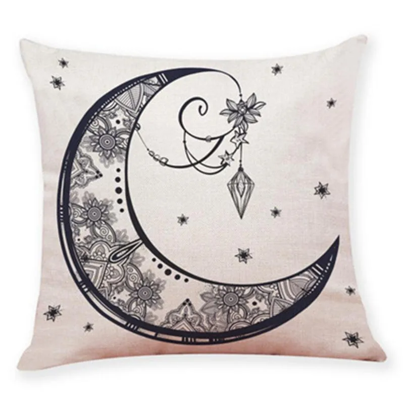 Linen Blend Cushion Cover Retro moon sun couple cartoon