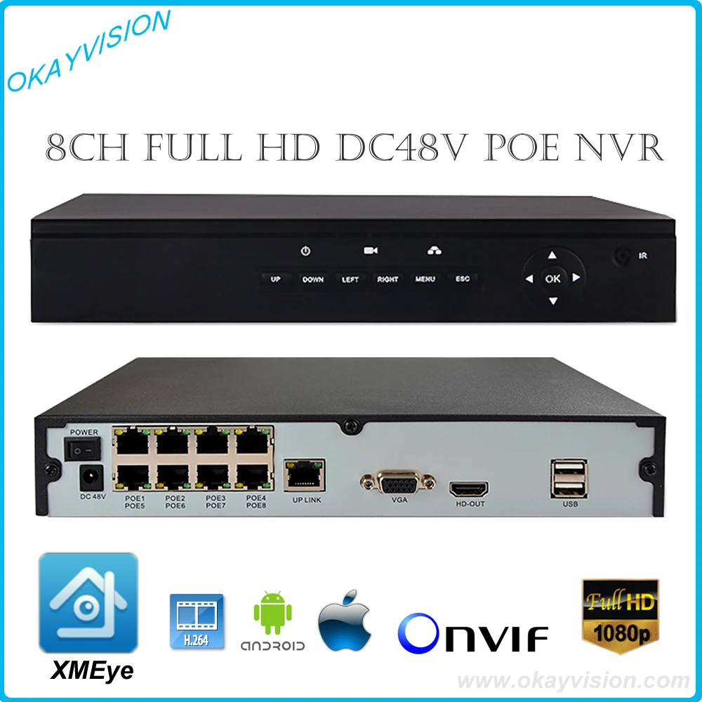 

8CH Onvif Full HD 1080P 48V PoE NVR Network Video Recorder for PoE IP Cameras P2P Cloud Service xmeye POE NVR with Panel Menus