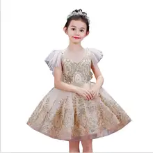Новое кружевное платье для первого причастия с золотыми пайетками вечерние фатиновые бальные Платья с цветочным узором для девочек на свадьбу, детское платье принцессы для крещения, Vestido