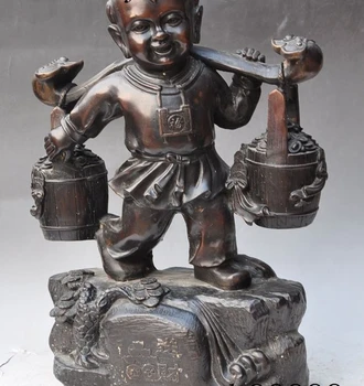 

18"chinese folk bronze wealth ruyi child boy lad Mention money bag lucky statue