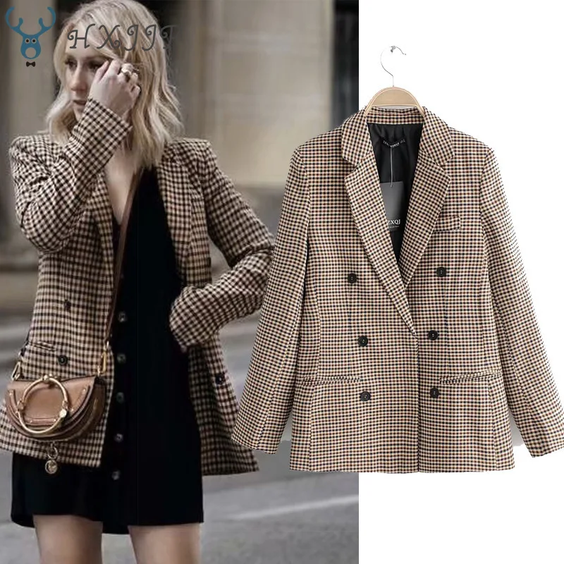 

Spring and Autumn Suit Collar Jackets Double-breasted Long-sleeved Slim Plaid Full Women Blazers and Jackets