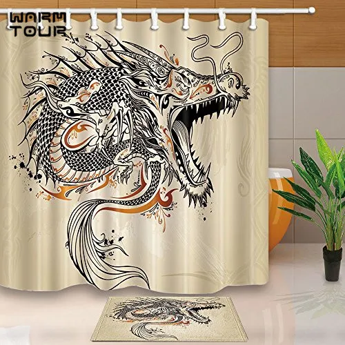 Chinese Dragon Bathroom Decor Waterproof Fabric Shower Curtain Liner Doormat Rug
