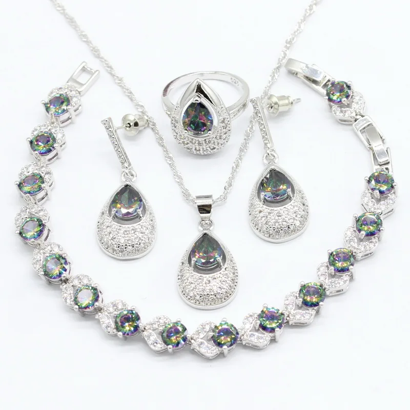 

Multi Color Rainbow 925 Silver Wedding Jewelry Sets For Women Red Semi-precious Necklace Pendant Bracelets Earrings Rings