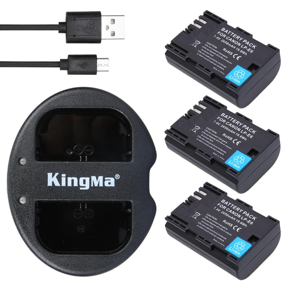 3x batteries LP E6 LP E6 LPE6 Camera Rechargeable Battery + KingMa Dual