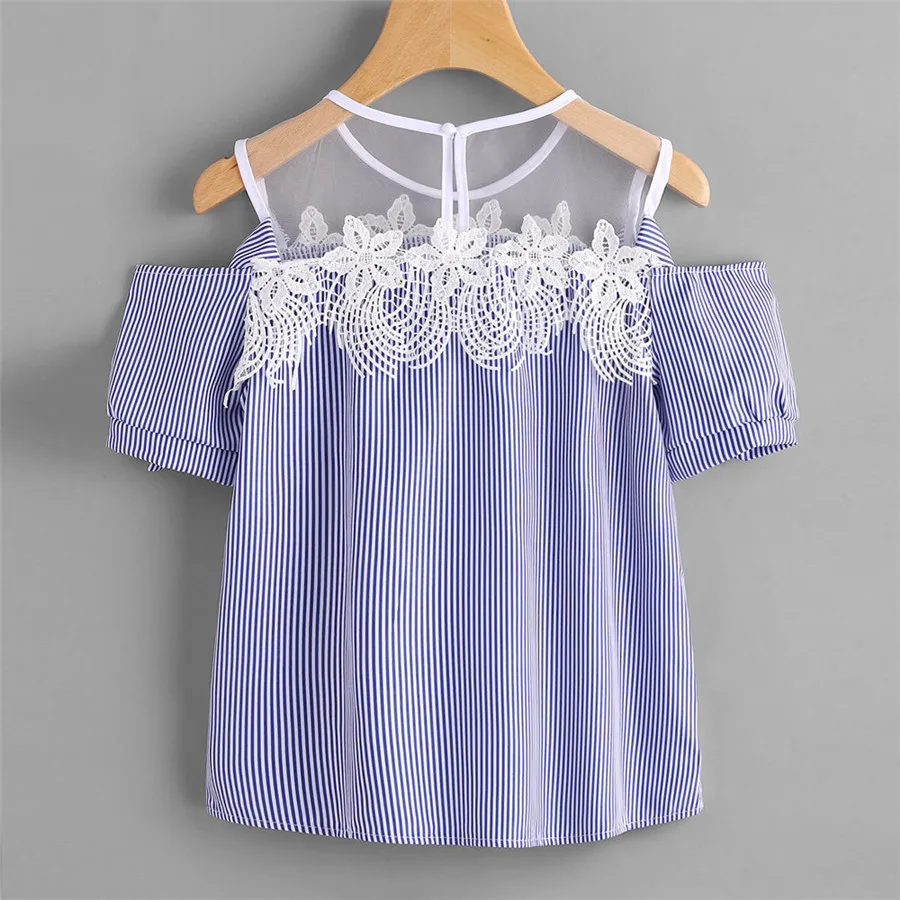 

Summer Short Sleeve Shirt Lace Off Shoulder Lace Striped Casual Tops Blouse women tops and blouses blusas mujer de moda #2S