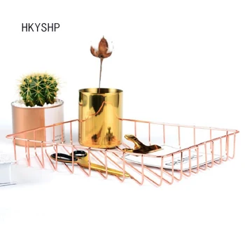 

HKYSHP Creative A4 wrought iron metal gold storage basket rose gold magazine desktop finishing basket school office supplies