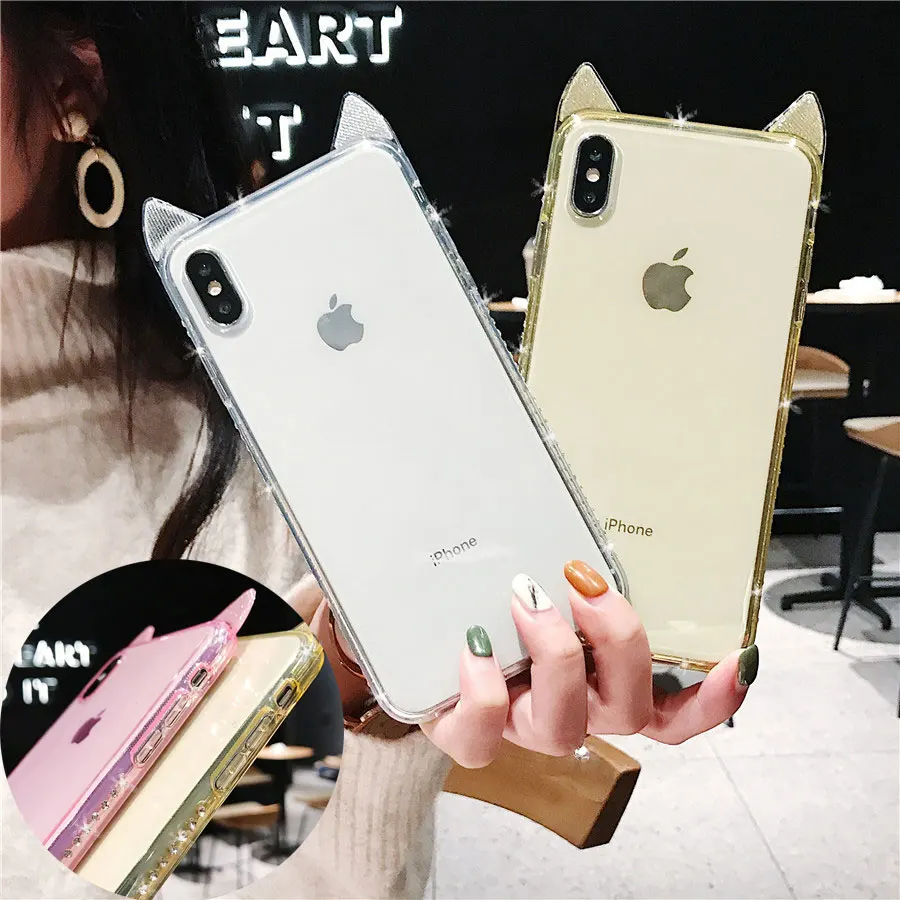 

Diamond Around Soft Case for iphone X XS MAX XR 10 6 6s 7 8 Plus Cute Bling Glitter Cat Ear Clear TPU Silicone Cover Dropproof