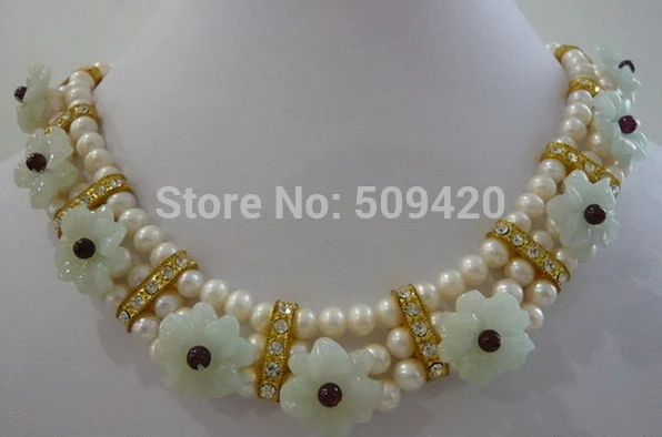 

Free Shipping WholesaleReal White Pearl Natural Jade Flowers 18KWGP Crystal Pendant Necklace