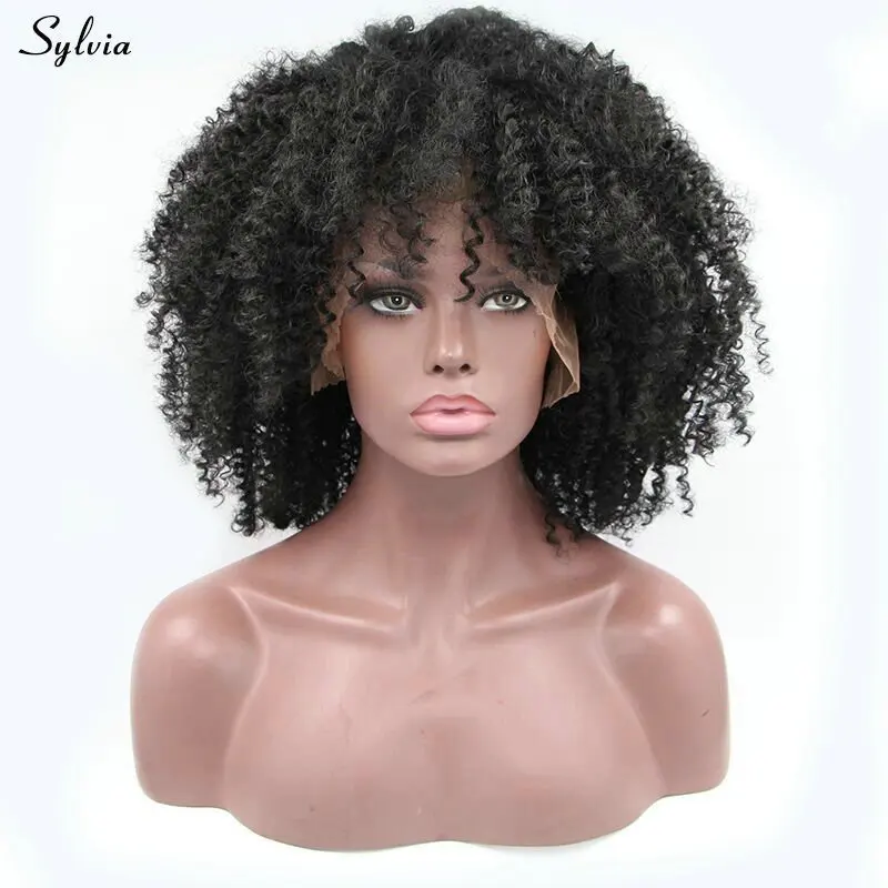 Sylvia черный кудрявый Средний длинные парики с челкой синтетические волосы парик фронта шнурка 180% Плотность для женщин Термостойкое волокно