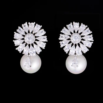 

SisCathy Elegant korean Stud Pearl Earrings Trendy Full Cubic Zirconia Earrings For Women Bridal Wedding Fashion Jewelry