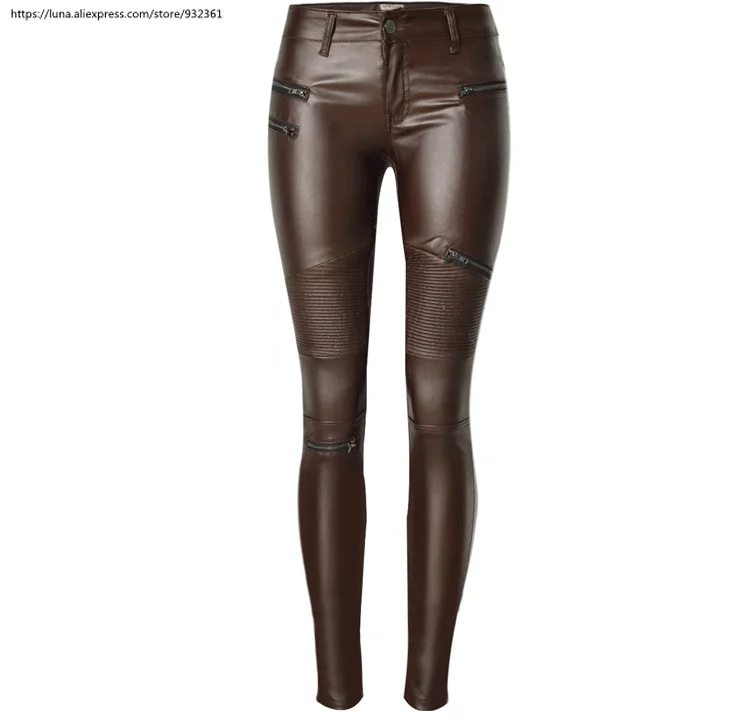 

Europe USA Women hot sell brown imitation leather Jeans Patchwork multi-zip locomotive Pencil Pants large size Trousers 2547