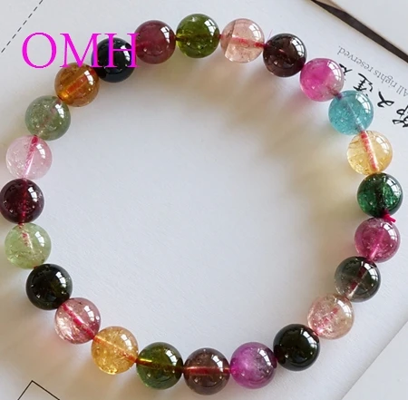 

OMH wholesale 7.25-8.25mm IFull of vitality Colorful real Pure natural round Top-level tourmaline beads bracelet PJ404 DHL free