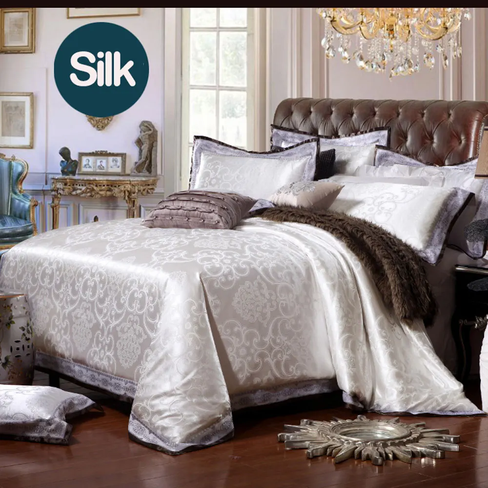 

Hot White Satin Silk Embroidery Jacquard Bedding Set Silk duvet cover,sabanas bed linen/housse de couette home textile bed sheet
