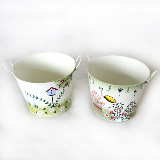 2 Pieces Lot Binaural Rustic Tin Hand Painted Flower Pots Floral Home Decor Buckets 2 Pieces Lot Binaural Rustic Tin Hand Painted Flower Pots Floral Home Decor Buckets