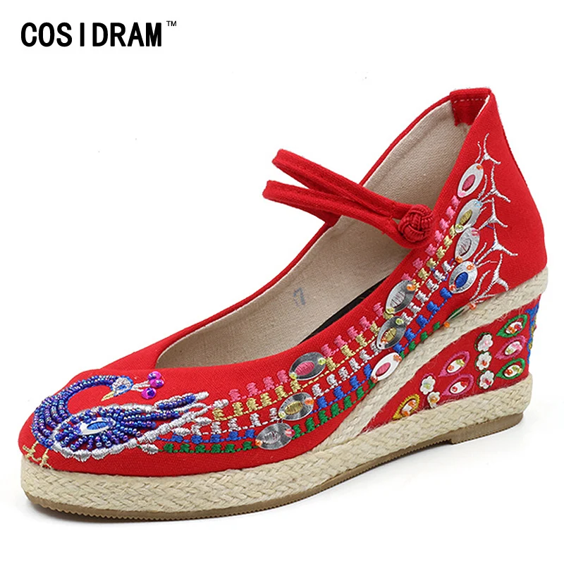 National Peacock Women Pumps Casual Wedges Women Shoes Chinese Style