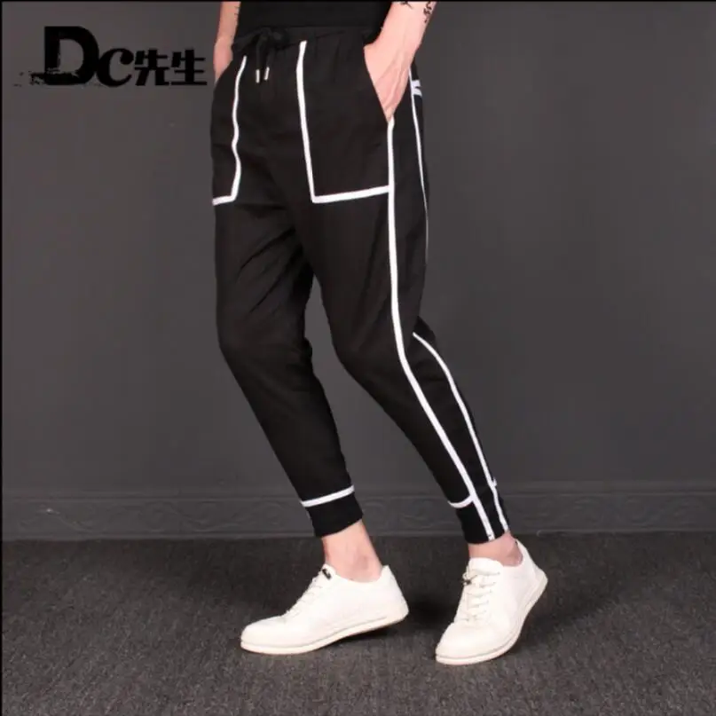 

M-6xl Harem Pants Men Black White Striped Korean Version Of Slim Feet Nine Pants Hair Stylist Casual Pants Tide 2021 Summer New